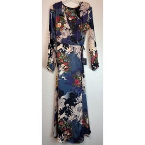 NEW Lulus Put On a Smile Blue Floral Wrap Maxi Dress Formal Satin M $88  2220